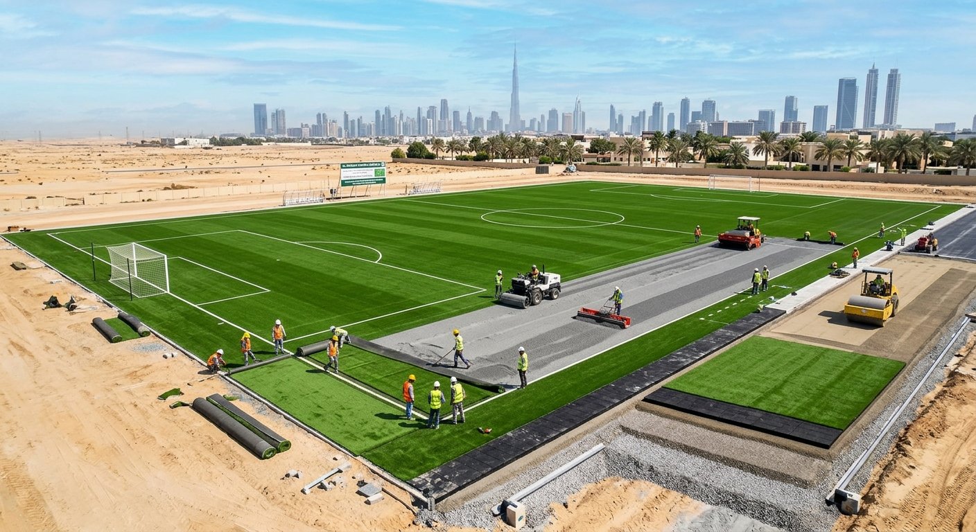 Artificial Turf Football Pitch Construction in the UAE: FIFA Quality, Shock Pads, Infill and Heat