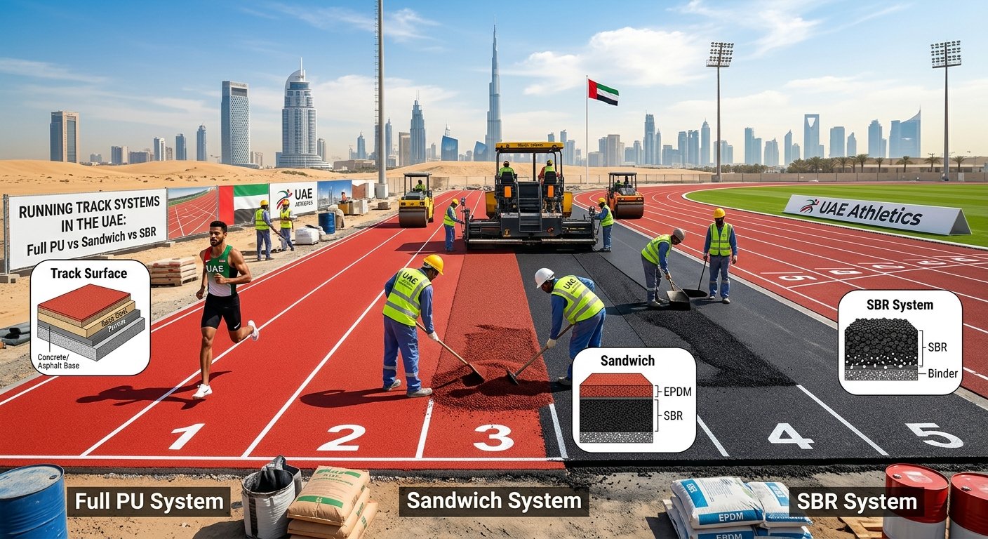 Running Track Construction in the UAE: Full PU vs Sandwich vs SBR Systems Compared
