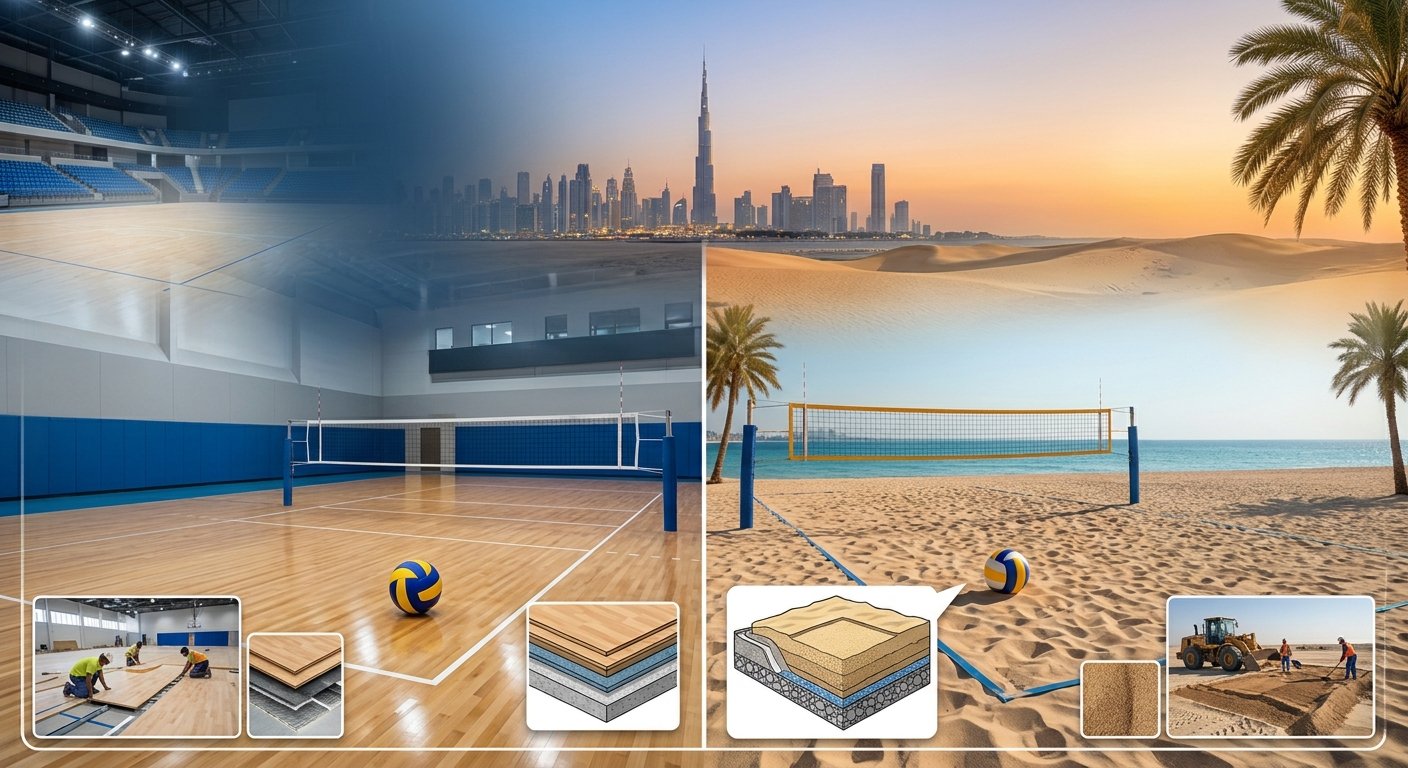 Indoor vs Beach Volleyball Court Construction in the UAE: Sizes, Surfaces and Sand